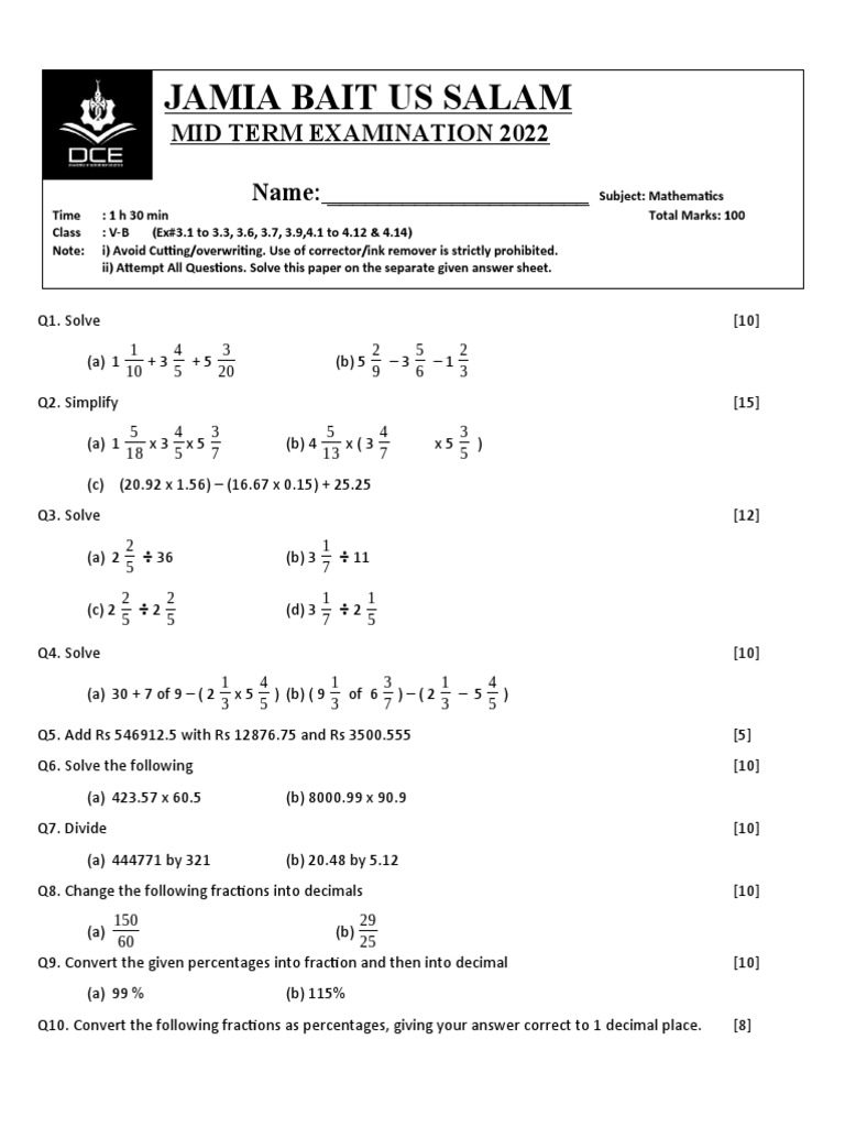 5 Class 5B Mid Term Nov 2022 - 1h30min - Maths Ex 3.1 To 3 .3&3.6&3.7&3 ...