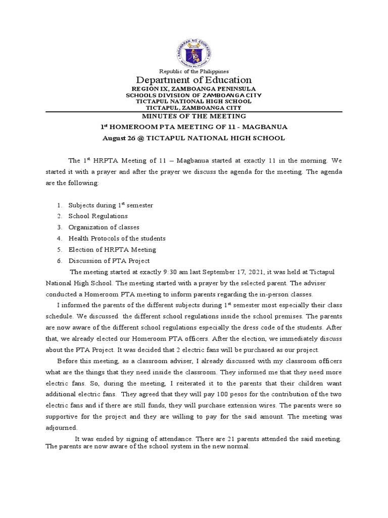 Minutes of the 1st Homeroom PTA Meeting of Class 11-Magbanua Detailing