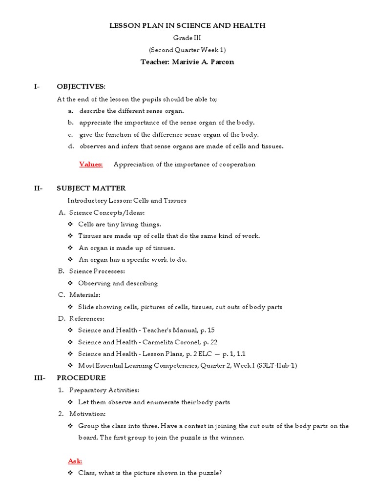 Grade 3 Science Lesson Plan: Week 1 | PDF | Senses | Lesson Plan