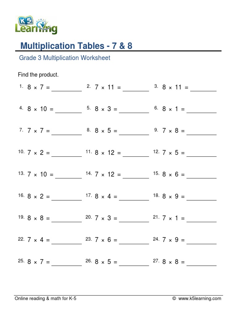 Grade 3 Multiplication Worksheet - Multiplication Tables - 7 & 8 | PDF