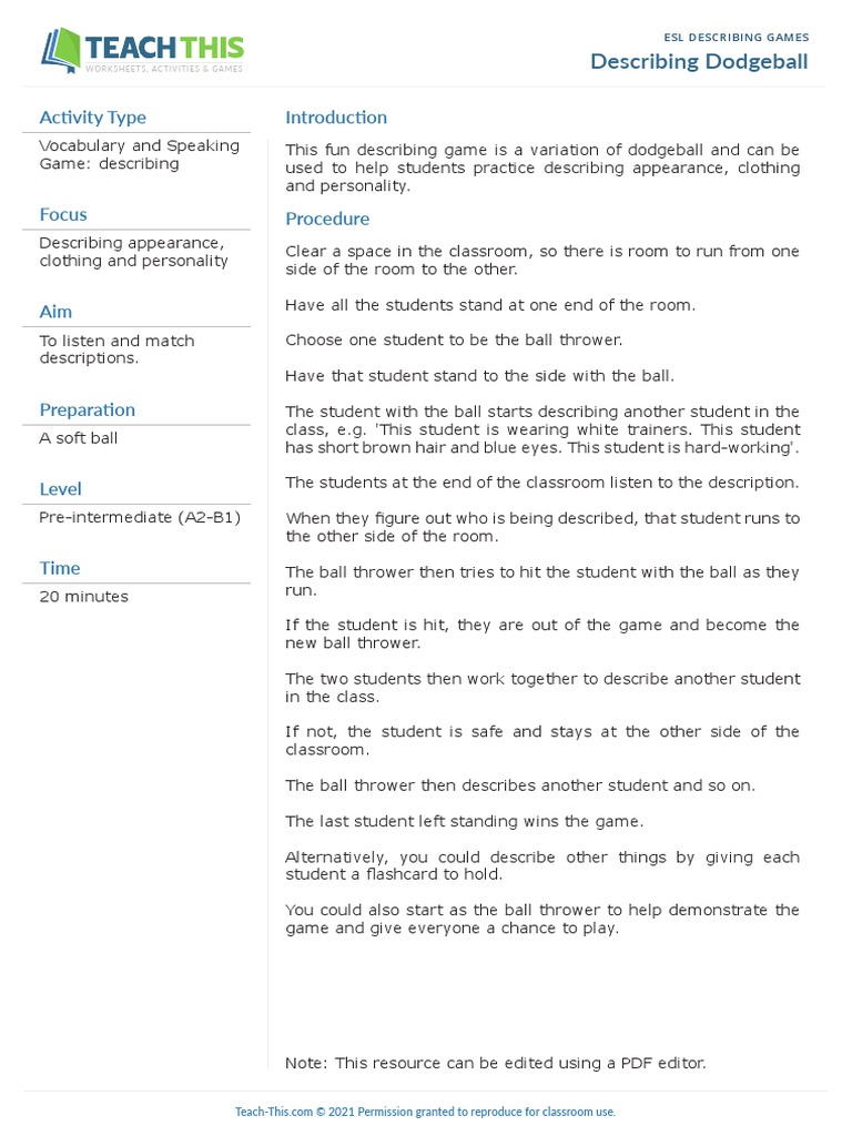Describing Dodgeball PDF Learning