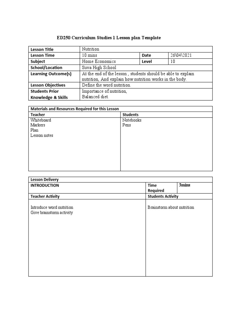 Nutrition Lesson Plan Template | PDF | Career & Growth