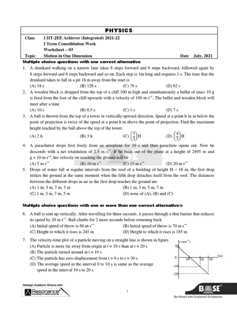 Worksheet 03 (Motion in One Dimension) (AK Sir) PDF