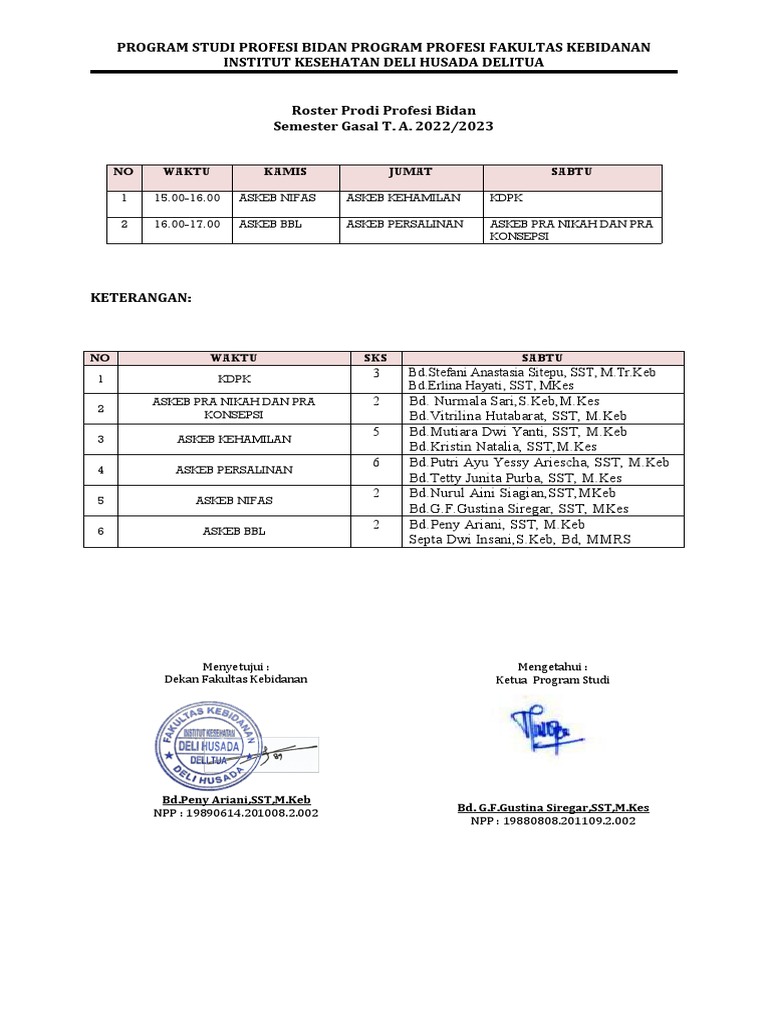 Roster Prodi Profesi Bidan 2022/2023 | PDF