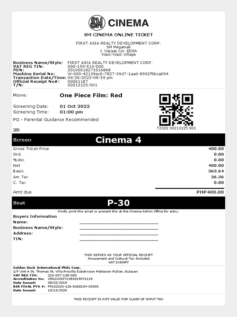 SM Cinema Ticket for One Piece Film | PDF | Payments | Taxation
