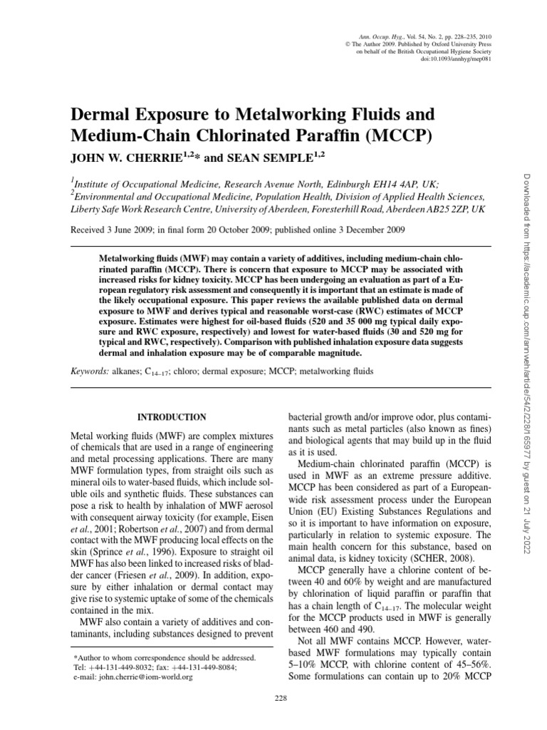 Dermal Exposure To Metalworking Fluids and MediumChain Chlorinated Paraffin (MCCP) PDF