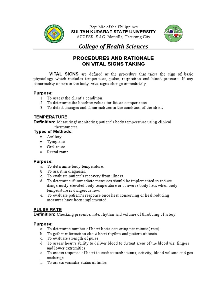 Vital Signs Taking ProceduresRationaleChecklist (New) PDF Pulse