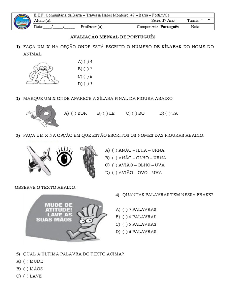 Avaliação Mensal de Português 1° Ano - 4° Bimestre | PDF