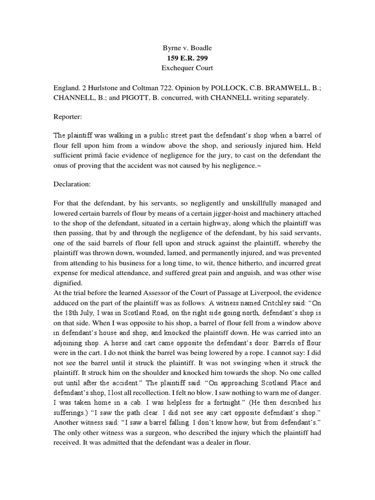 BYRNE V BOADLE RES IPSA LOQUITUR PRECEDENT PDF Negligence Prima