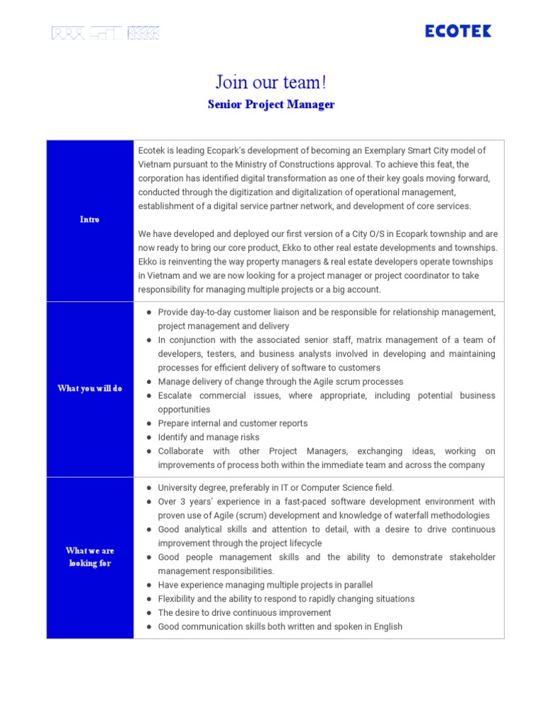 Senior Project Manager at Ecotek | PDF | Agile Software Development ...