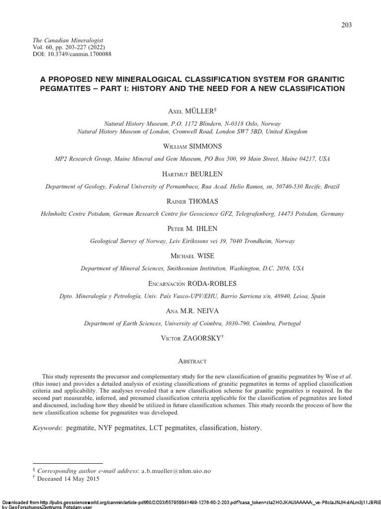 New Classification for Granitic Pegmatites | PDF | Igneous Rock | Minerals