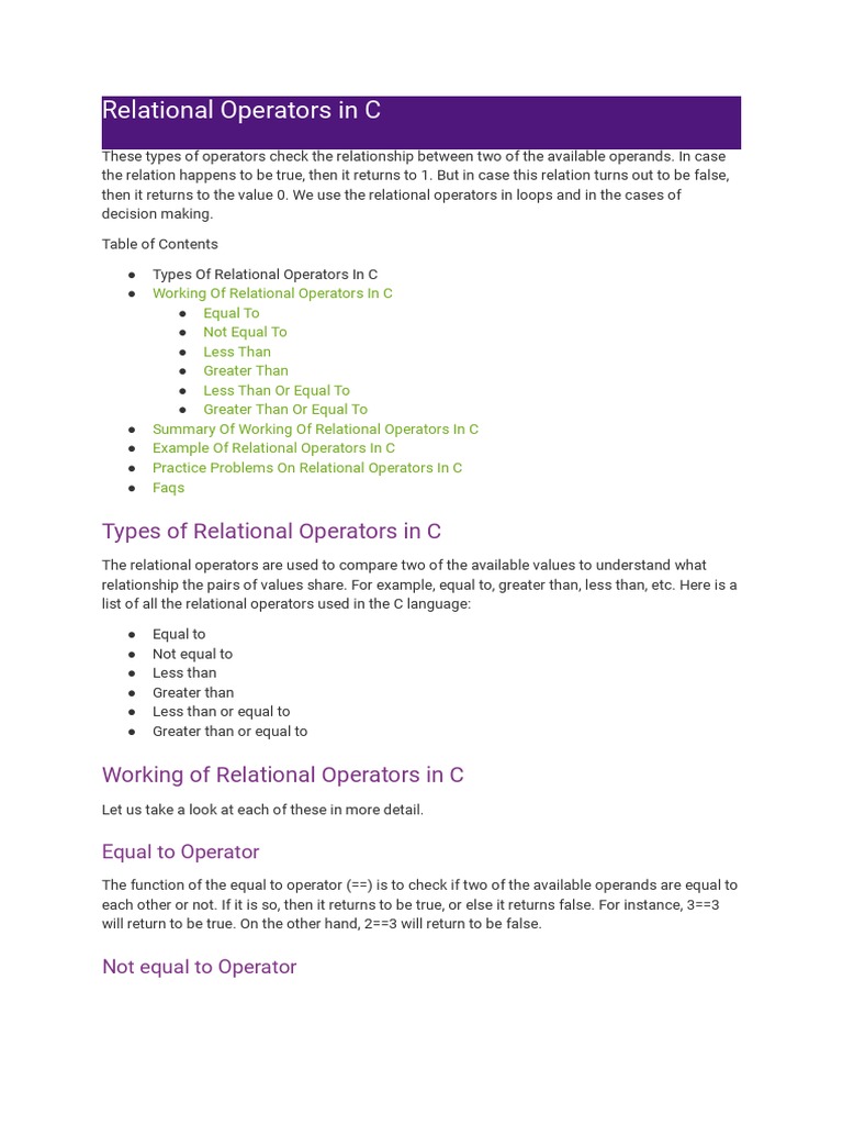 Relational Operators in C | PDF | Computer Engineering | Computer ...
