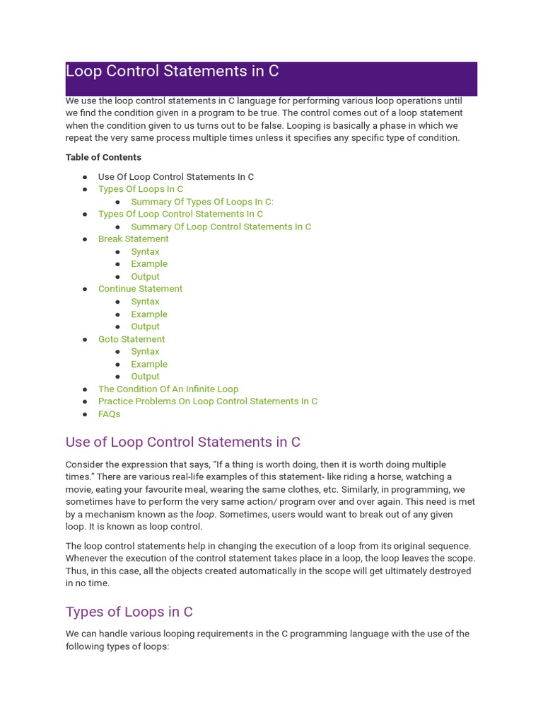 Loop Control Statements in C | PDF | Control Flow | C (Programming ...