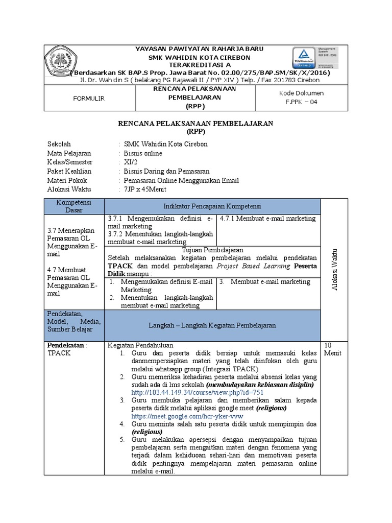 RPP Pemasaran Online Email SMK Wahidin | PDF