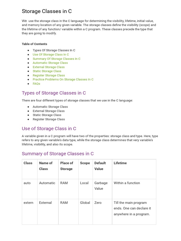 Storage Classes in C | PDF