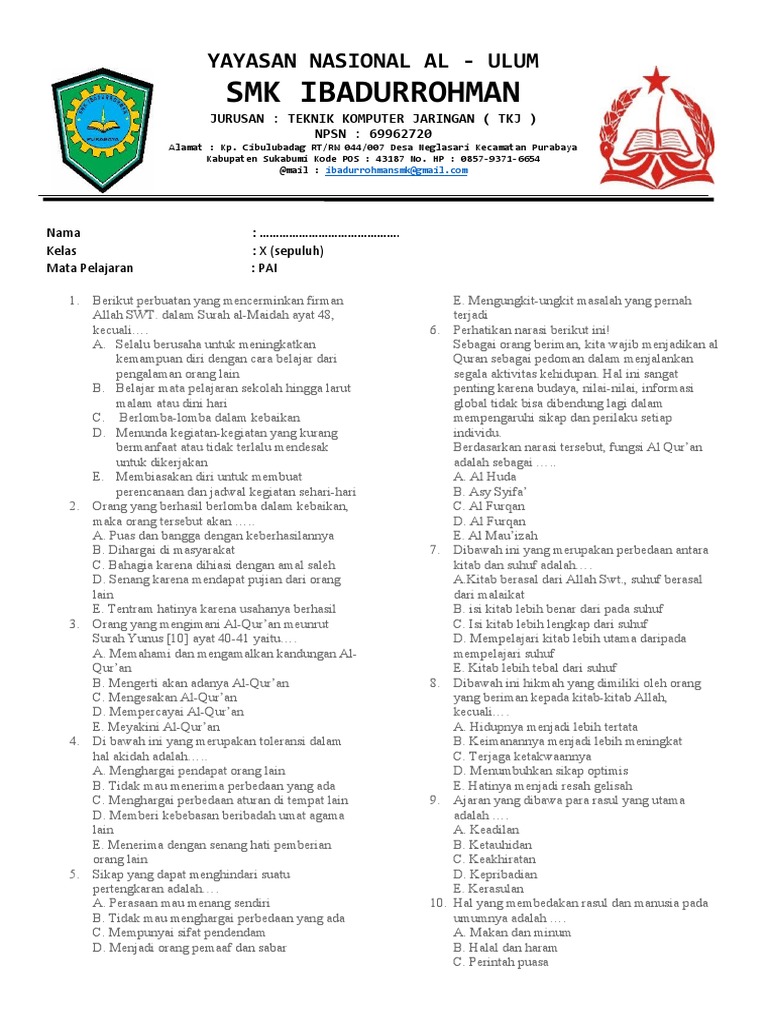 Persiapan Akhir Semester: Kumpulan Soal PAI Kelas X Semester 1