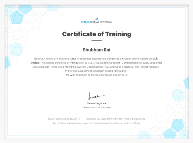 VLSI Design Training Certificate of Completion PDF VLSI Design Training Certificate of Completion PDF