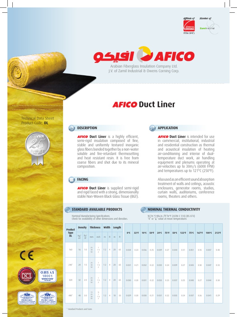 Duct Liner (AFICO) PDF Duct (Flow) Building Insulation