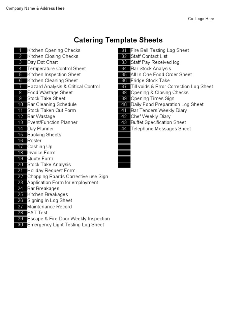 Comprehensive Catering Template Sheets | PDF