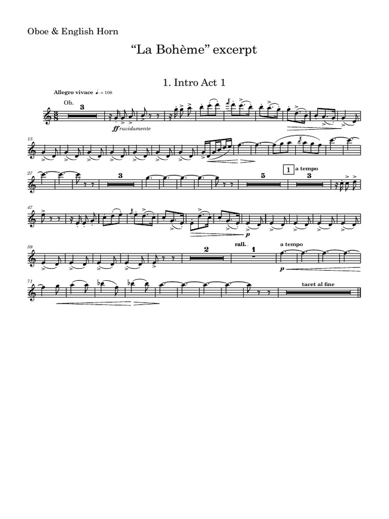 La Bohème Oboe & English Horn Excerpts PDF Performing Arts Poetics