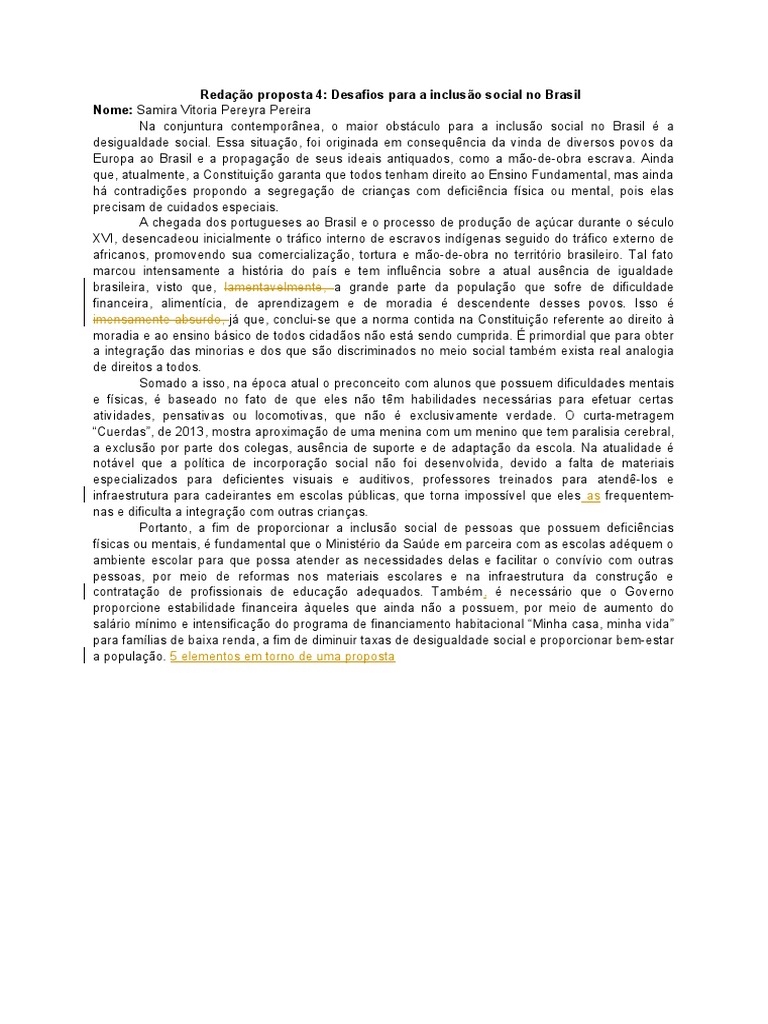 Redação Sobre Desafios para A Inclusão Social No Brasil | PDF