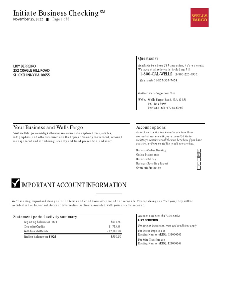 Wells Fargo Document PDF Overdraft Fee
