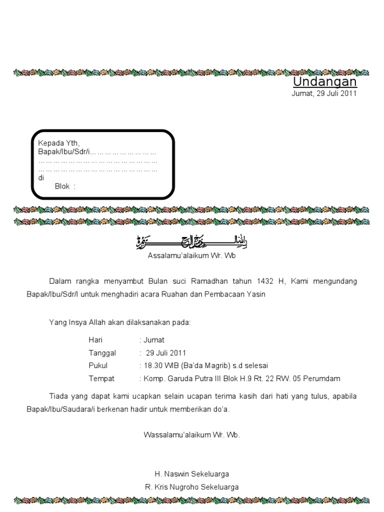 530+ Contoh Surat Undangan Yasinan Syukuran Gratis Terbaik