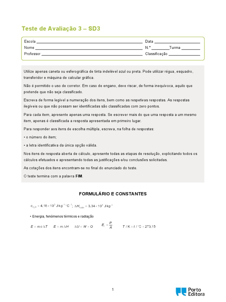 Fa10 Teste Avaliacao 3 sd3 | PDF | Calor | Temperatura