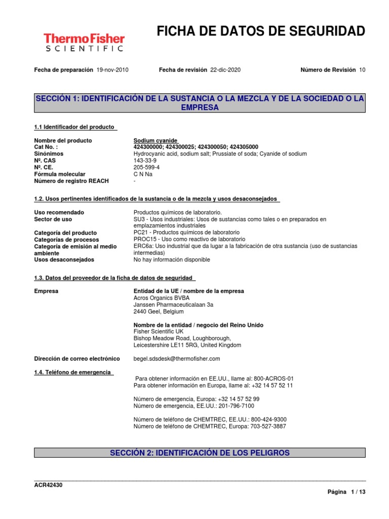 Cianuro de Sodio Reactivo Acs Thermo Scientifictrade PDF Toxicidad