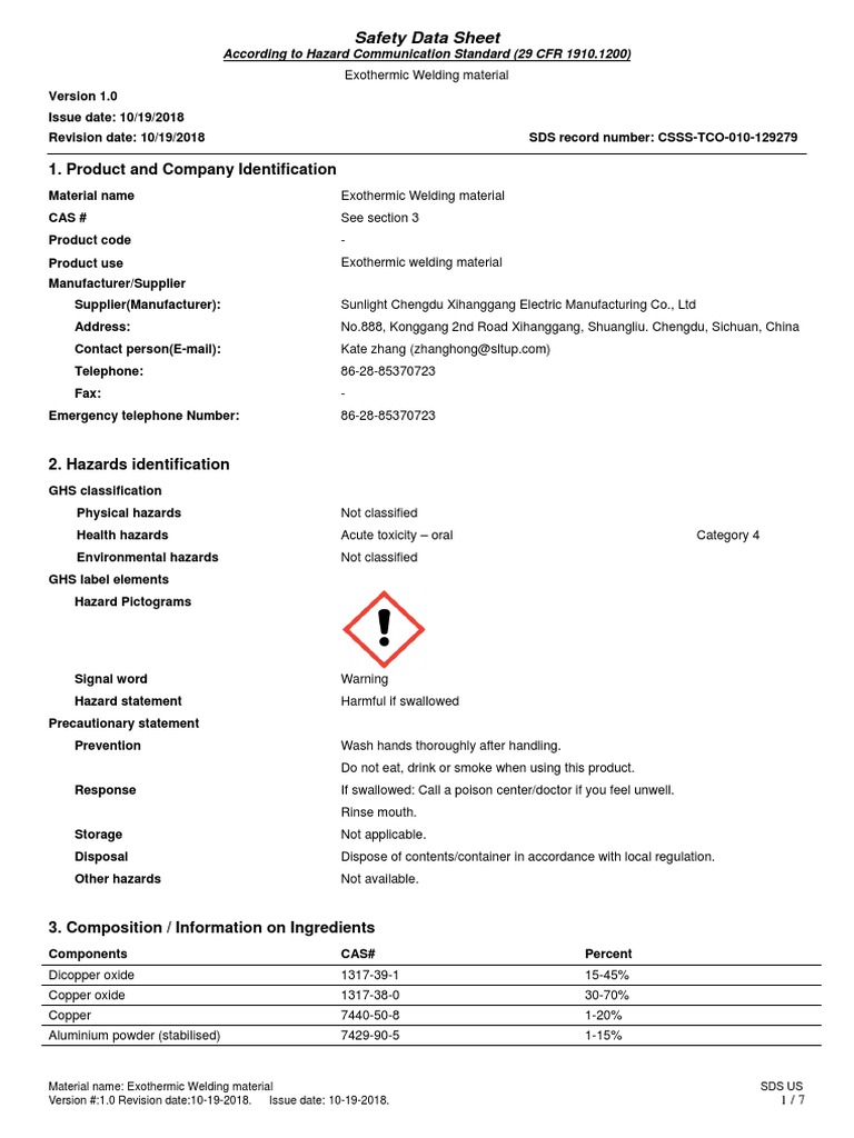 Exothermic Welding Material SDS Sunlight PDF Dangerous Goods
