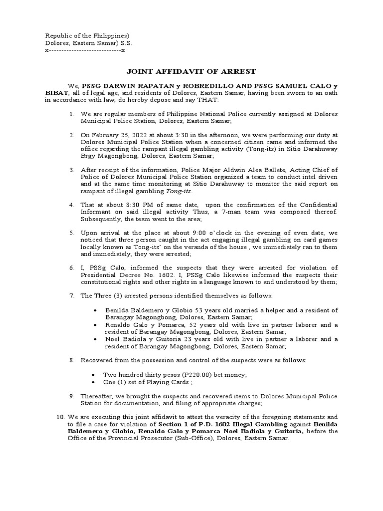 Joint Affidavit of Arrest for PD 1602 | PDF | Affidavit | Justice