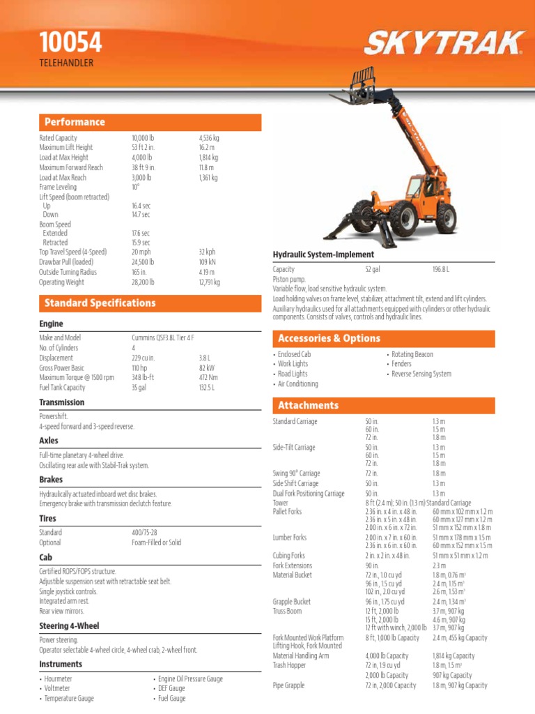 SkyTrak 10054 Telehandler Specs | PDF | Horsepower | Transport