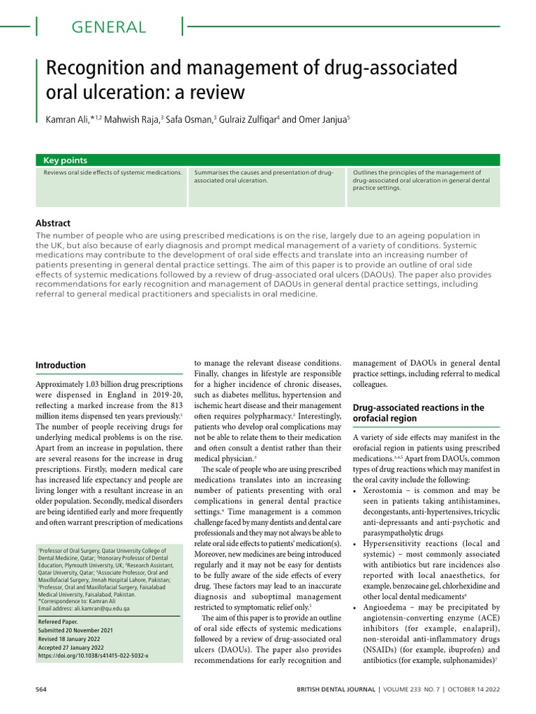Recognition and Management of Drug-Associated Oral Ulceration - A ...