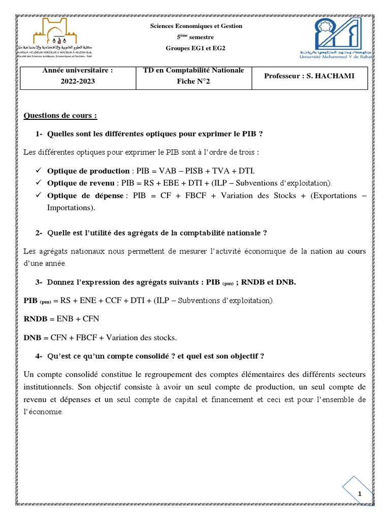 Optiques du PIB et Comptabilité Nationale | PDF | Revenu brut | Produit ...