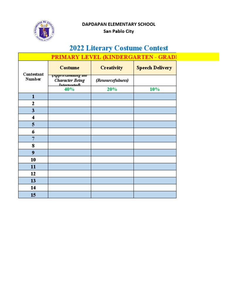Criteria For Judging Literary Costume Contest PDF