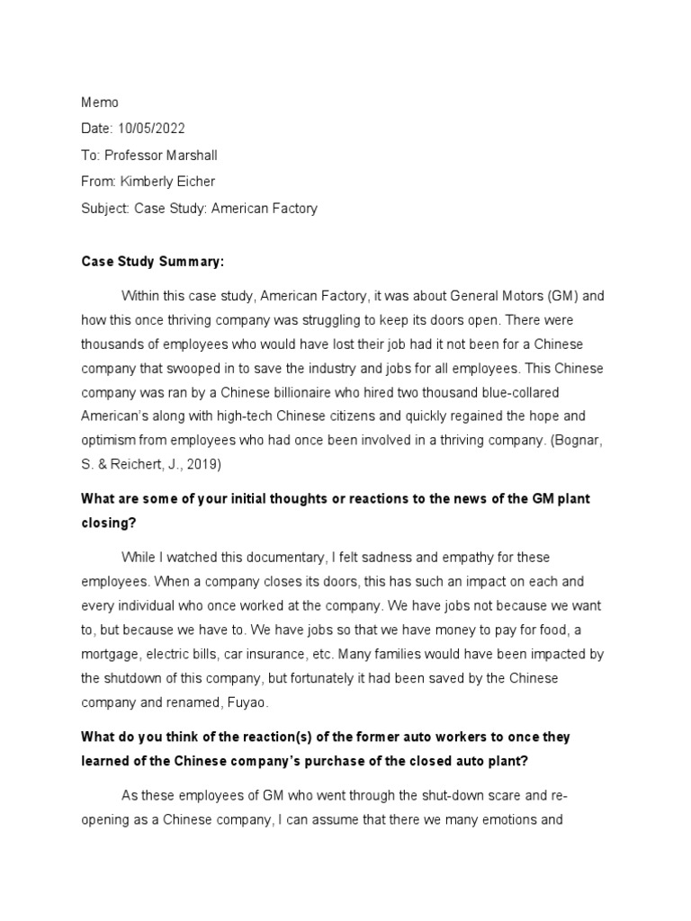 The American Factory Case Study Kimberly Eicher PDF Foreign Direct