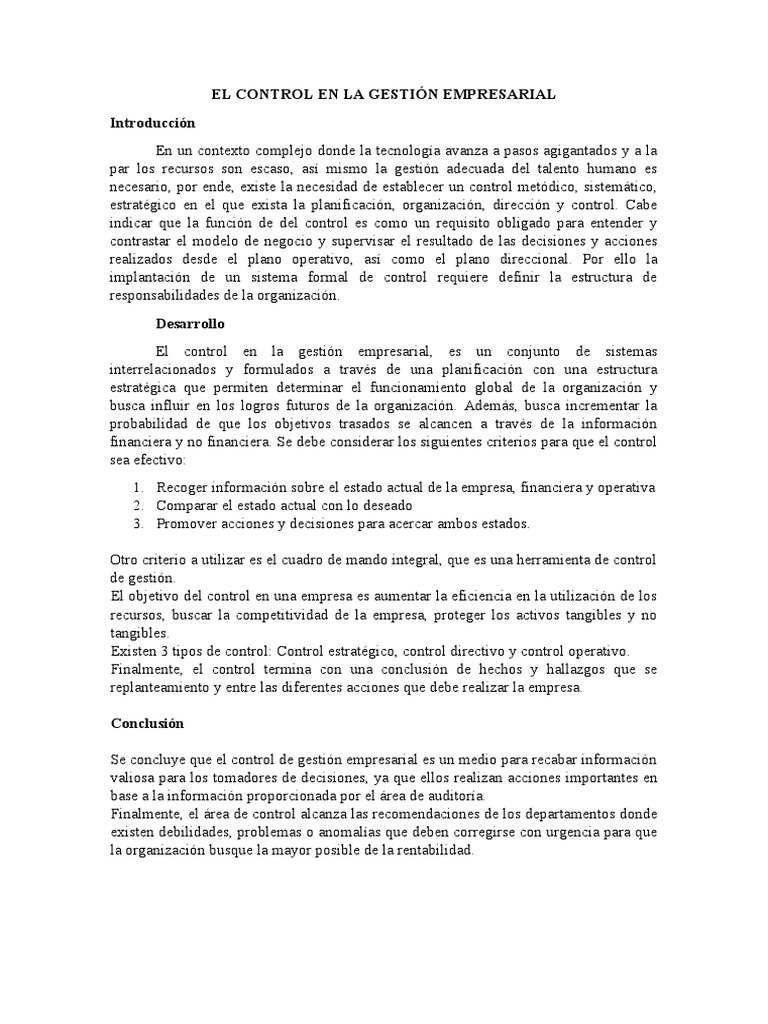 El Control en La Gestión Empresarial | PDF | Planificación | Business