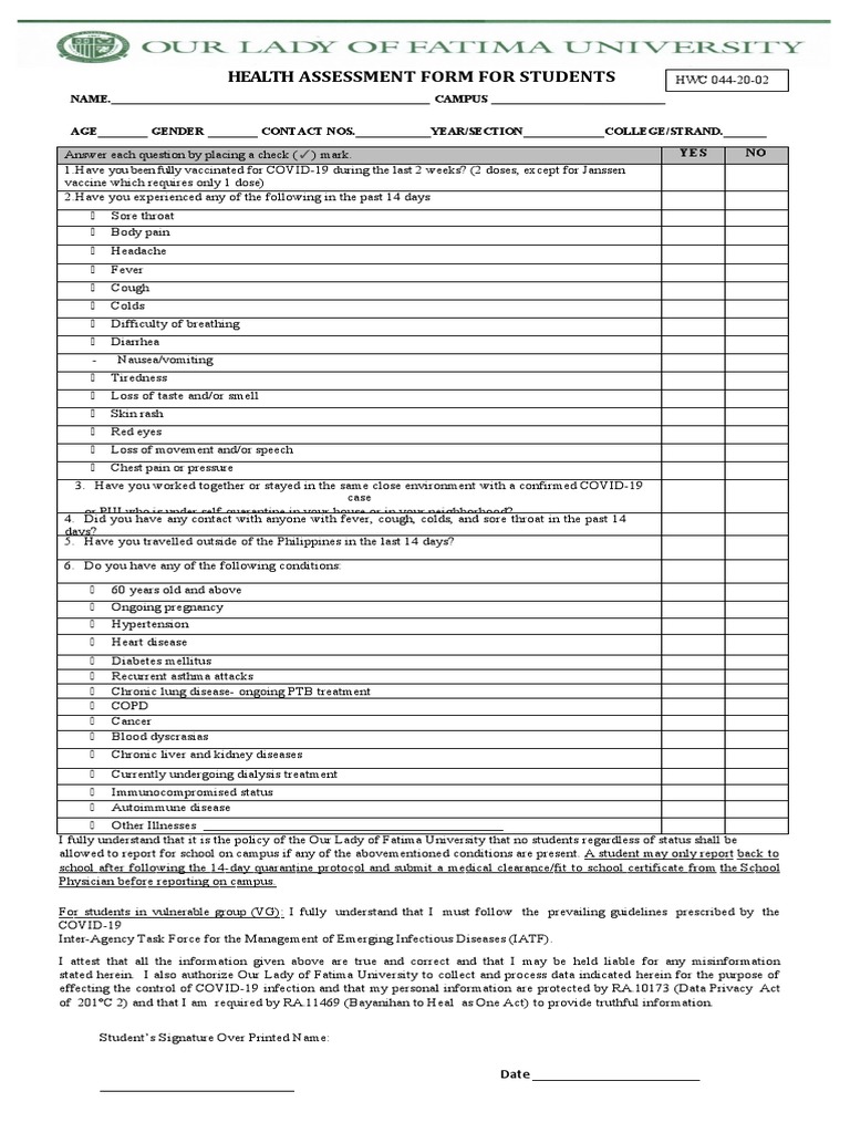 Health assessment form for student 02 pdf