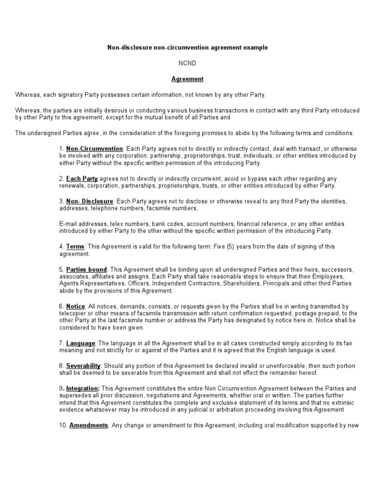 NCND - Non Circumvention Non Disclosure Agreement Sample | PDF | Non ...