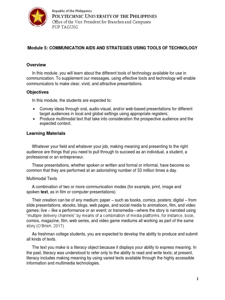 Module 5 Communication Aids PDF Communication Mass Media