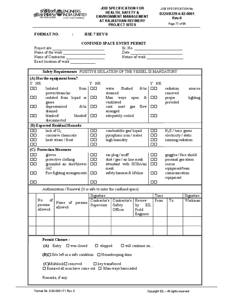 Eil Confined Space Entry Permit | PDF | Chemistry | Occupational Safety ...