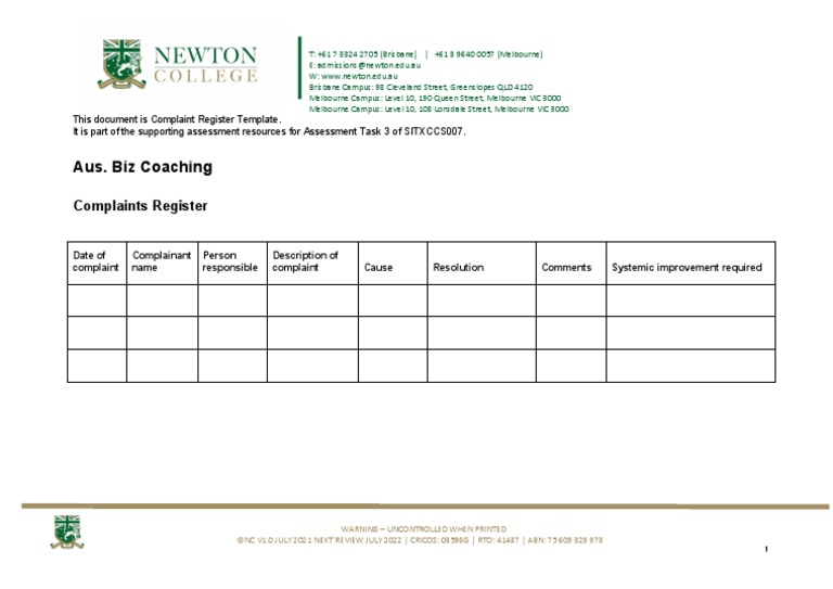 Complaints Register Template PDF