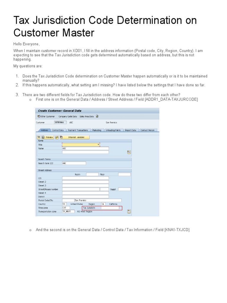 Tax Jurisdiction Code Determination on Customer Master | PDF