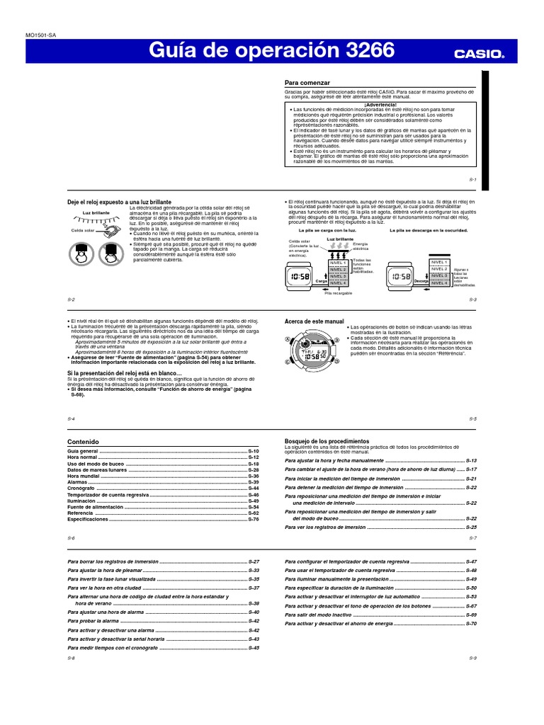 Guía de uso del reloj CASIO MO1501-SA | PDF | Reloj | Horario de verano