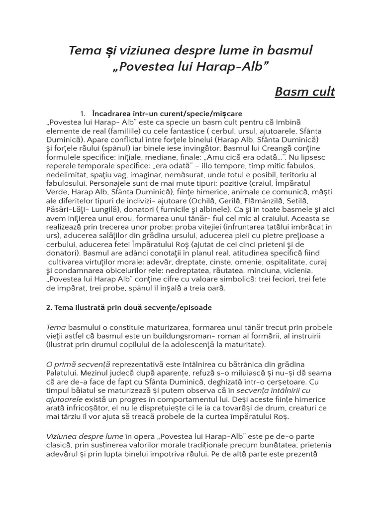 Harap Alb Citate Eseu-Basm Cult Povestea Lui Harap Alb | PDF