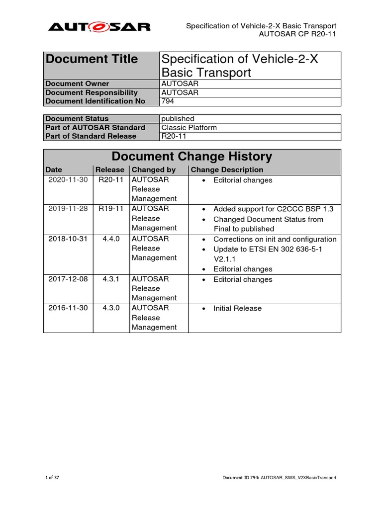 Autosar Sws V2xbasictransport PDF Protocol Suite Port