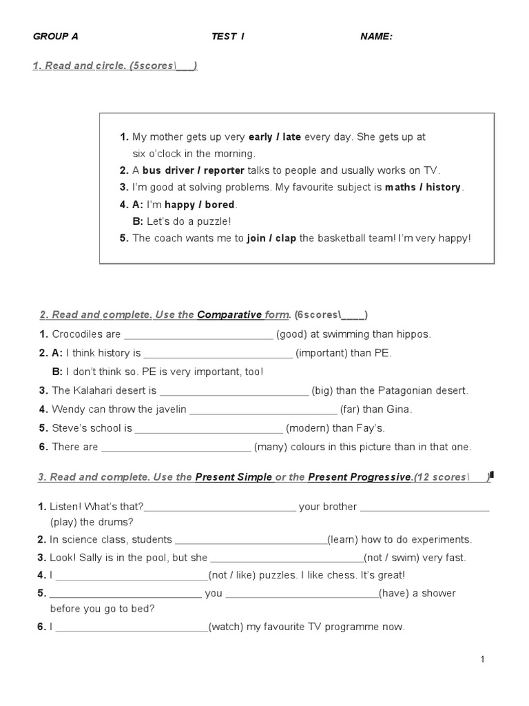 Young Stars 5 Test 1 Group A PDF