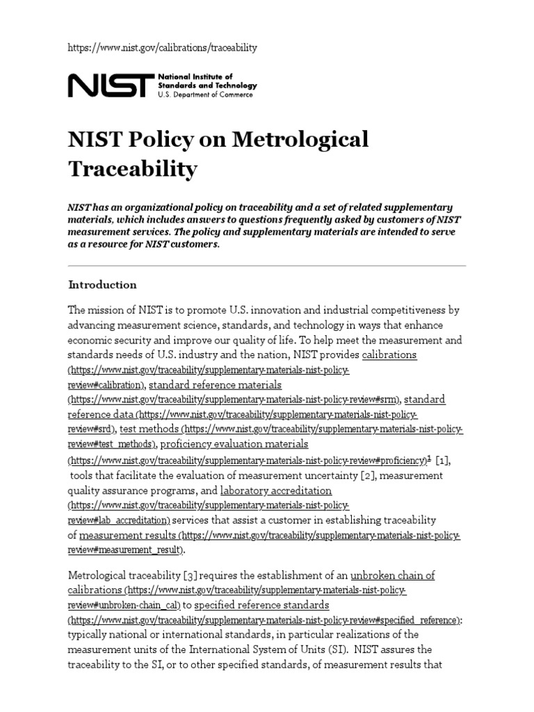 NIST Policy On Metrological Traceability NIST PDF Metrology Calibration