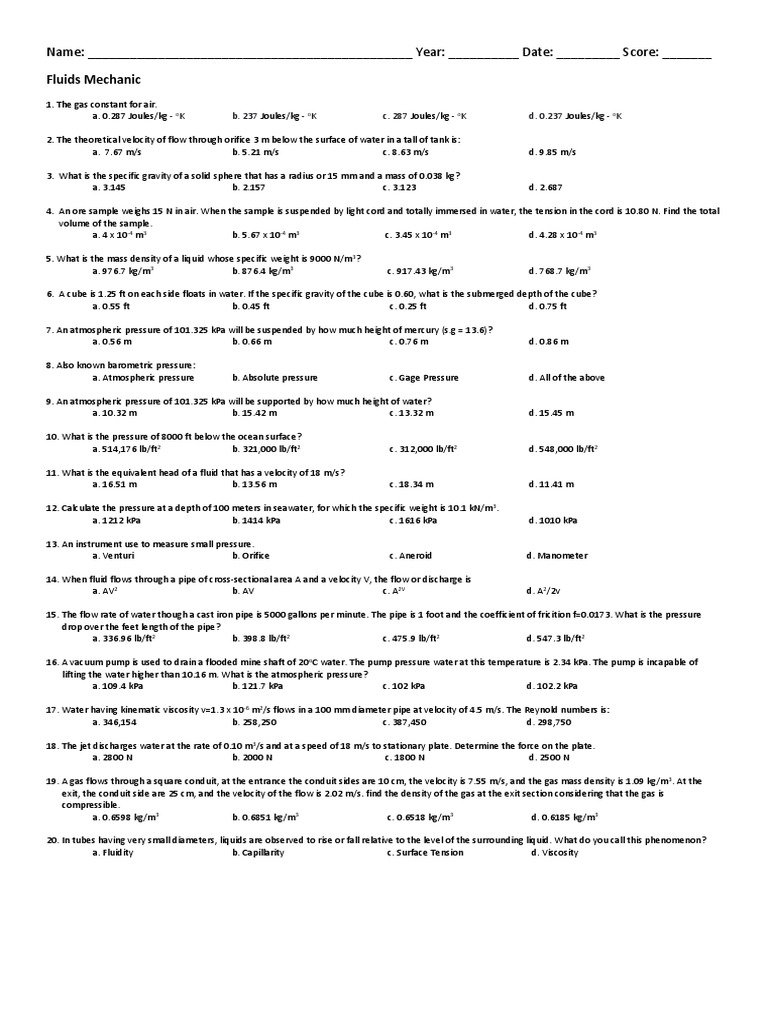 Fluids Mechanic Questionaire 1 | PDF | Pressure | Pressure Measurement