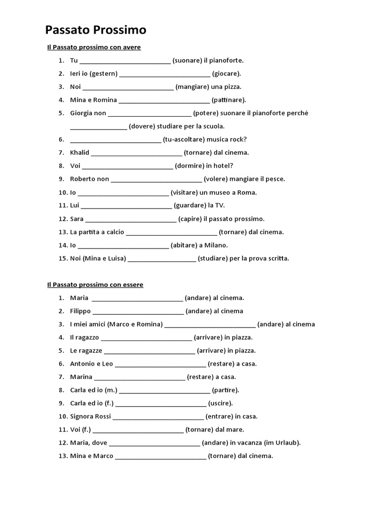 Il Passato Prossimo Con Avere PDF